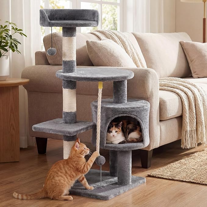 Tangkula 36 Inch Cat Tree Tower, Multi-Level Cat Tower with Condo, Top Perch, Sisal Scratching Posts & Hanging Rope, Spring & Hanging Balls, Climbing Platforms for Indoor Cats and Kittens (Light Gray)