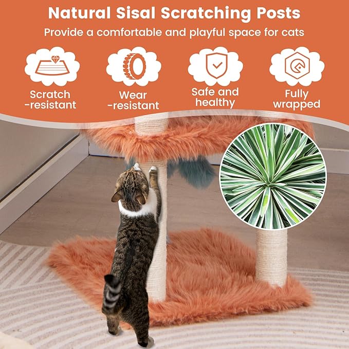PETSITE 34 inch Monster-Themed Cute Cat Tree, Modern Cat Tree Tower with Sisal Scratching Posts, Cat Condo, and Hanging Dangling Toys, Long Plush Covered Surface