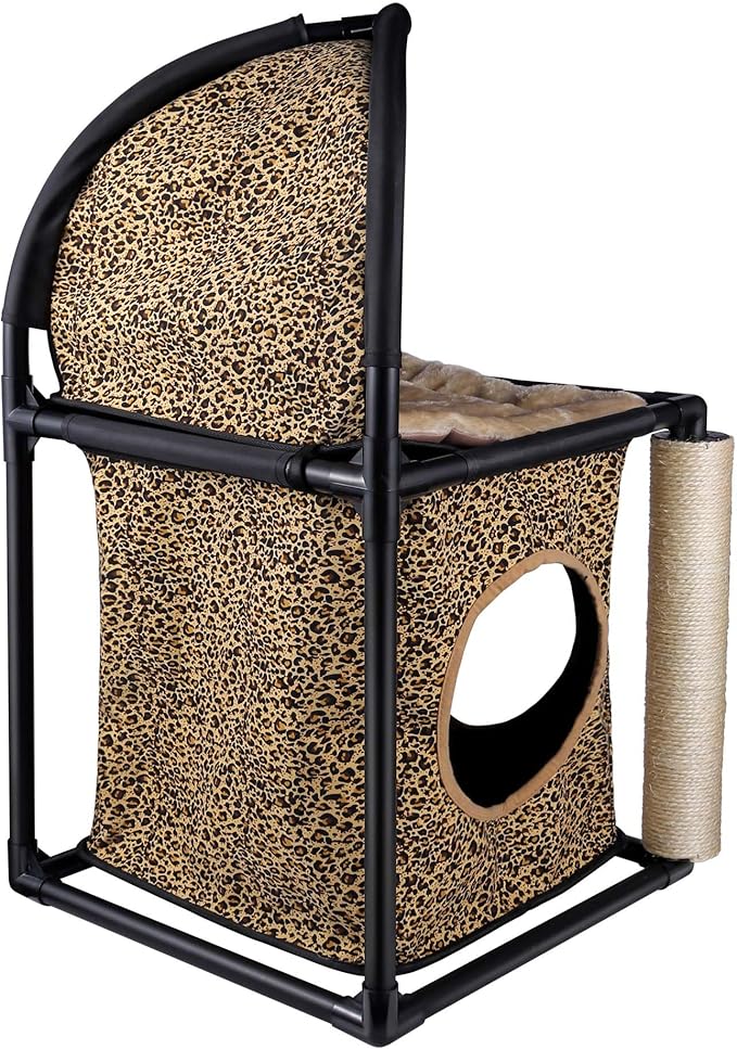Goetland PVC Modern Cat Condo Cat House Cat Tree Small Cat Tower Bed Scratching Post Dangling Ball Hole for Kitty Indoors Cat Leopard
