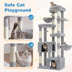 Hey-brother Cat Tree, 67.3 Inches Tower with 3 Soft Platform Beds, 2 Large Condos, 9 Sisal Scratching Posts, 2 Hammocks and Toys, Multi-Level Step House for Multiple Indoor Kittens, Light Gray MPJ084W