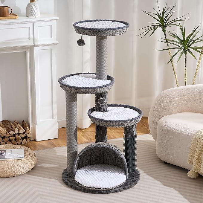 Modern Cat Tree Tower for Large Cat with Scratching Post for Indoor, 46 inch Multi-Level Cat Tower with Handwoven Beds, Cat Cave, Dangling Balls