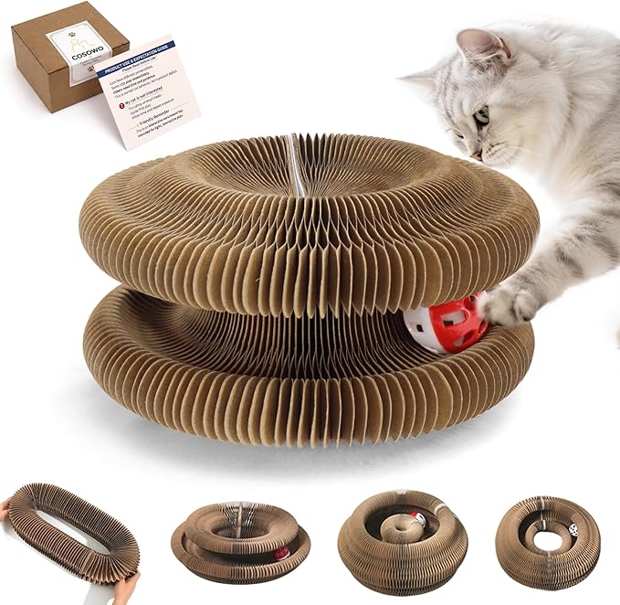 Magic Organ Cat Toy, Foldable & Reversible Accordion Scratching Board with Ball, Interactive Cardboard Cat Toy for Indoor Cats & Kittens, 1 Pack