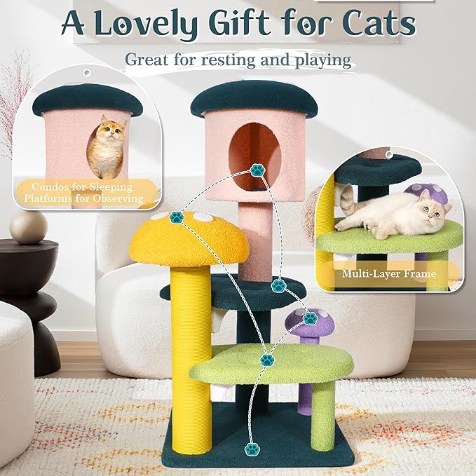 NUNU LAB Mushroom Cat Tree, Multi-Level Cat Tower, Mushroom Cat Scratching Post, Cute Cat Tower, with Cat Scratching Post, Cat Bed & Interactive Balls, for Indoor Cats (C-067, 26.8 * 22.8 * 55.1)