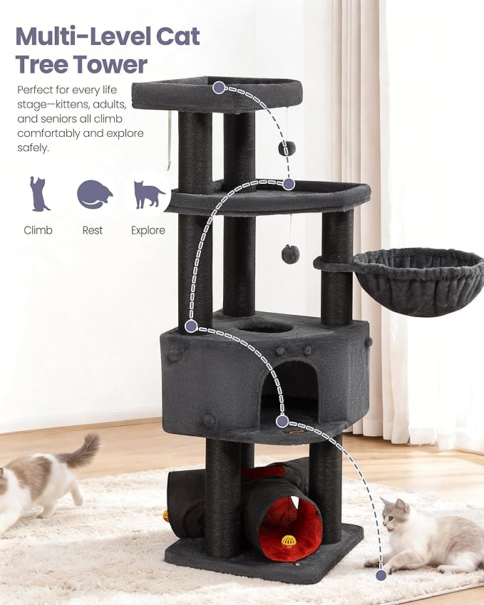 Heavy Duty Cat Tree for Large Cats Adult - 60 Inch XXL Sturdy Cat Tower Condo with Extra Wide Scratching Posts (φ4.4in) Big Cat House Hammock Perch - Indoor Wood Modern Multi Level Corner Cat Bed