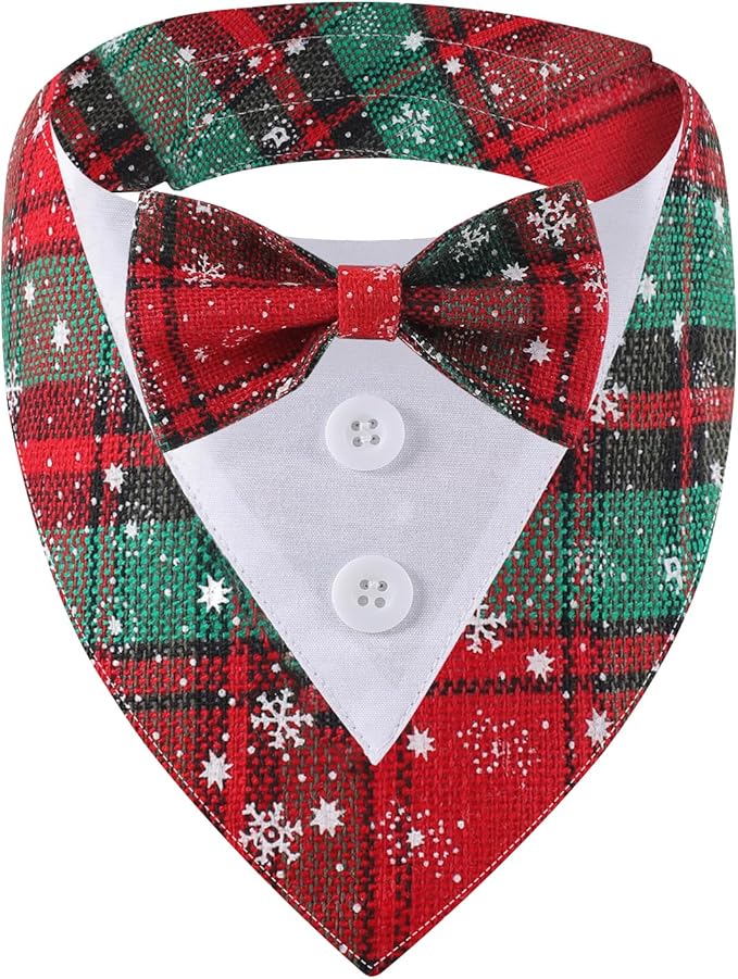 Adjustable Plaid Christmas Dog Tuxedo Bandana with Bow Tie - Holiday Pet Outfit Costume for Dogs XS to XL