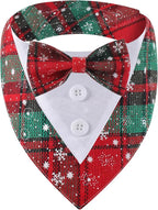 Adjustable Red Plaid Christmas Dog Tuxedo Bandana with Bow Tie - Holiday Pet Outfit Costume for Dogs XS to XL