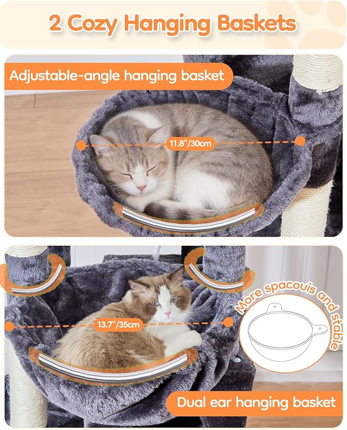 Taoqimiao 73 Inch Cat Tree XXL, Cat Tower for Indoor Cats, Large Cat Tree for Big Cats, Enlarged Platform, 2 Spacious Cat Condos, 9 Scratching Posts, 2 Cozy Baskets, F30G Smoky Gray