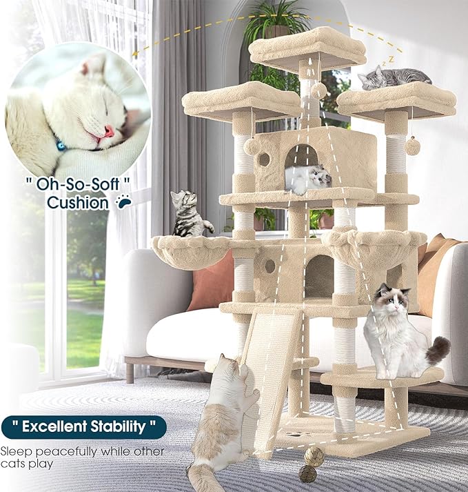 WEEWAY 68 Inches Multi-Level Large Cat Tree for Feline‌/Big Tower/Condo/Cozy Plush Kitty Perches/Fluffy Balls/Sisal Scratching Posts and Hammocks/Cave/Furniture Activity Center/Beige