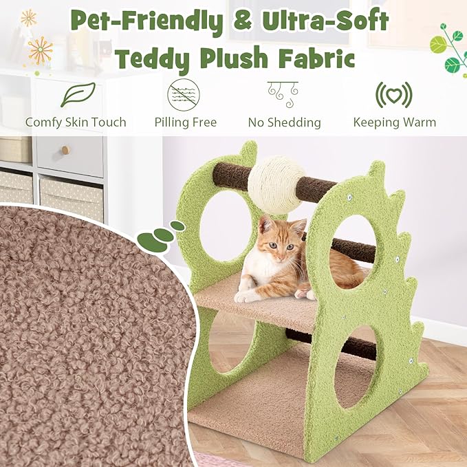 Tangkula Cute Cat Tree, Dinosaur-Shaped Cat Tower with Rotatable Sisal Scratching Ball, Soft Plush Fabric, Cat Climbing Stand, 2-Tier Modern Cat Tree for Small Indoor Cats (Green)