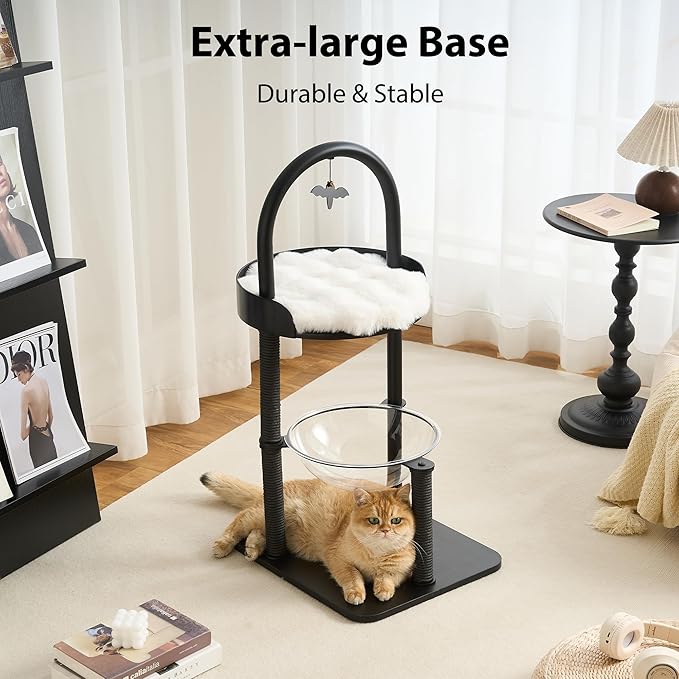 34" Modern Cat Tree Furniture, Minimalist Metal Frame Cat Tower with Wood Platforms, Washable Cushion & Scratching Post, Stylish Cat Condo for Indoor Cats, Classic Black