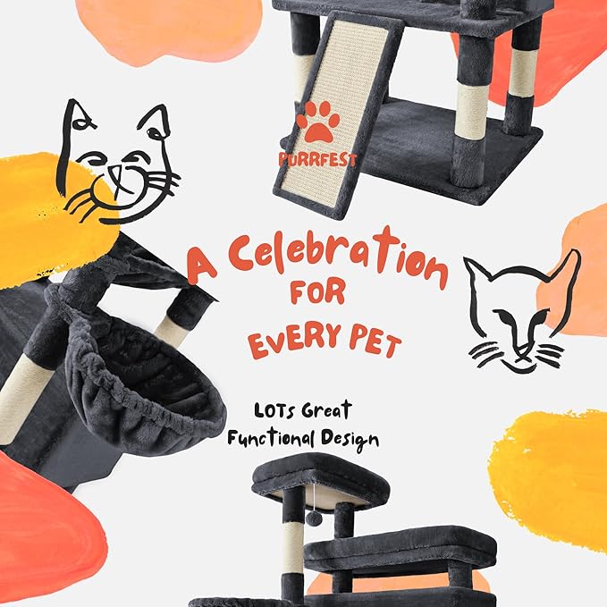 80 Inch Cat Tree, Large Cat Tower with 9 Scratching Posts, 2 Perches, 2 Caves, 2 Basket, 2 Stairs, Extra Large Hammock, Multi-Level Plush Cat Condo for Indoor Cats/Smoky Grey