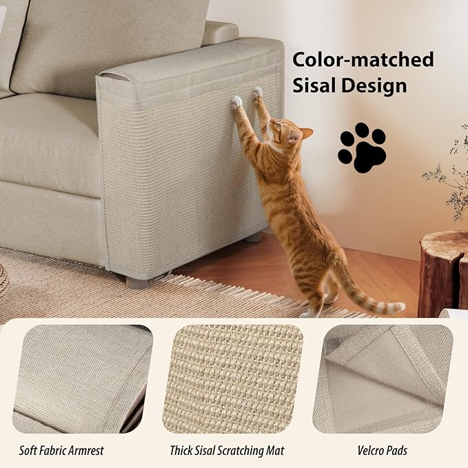 Couch Protector from Cat Claws - Color Matched Cat Scratch Pad for Both Side Arm,Couch Cover for Cats with Expanded Coverage Sisal Area, Universal Fit and No Left/Right Needed (Beige)