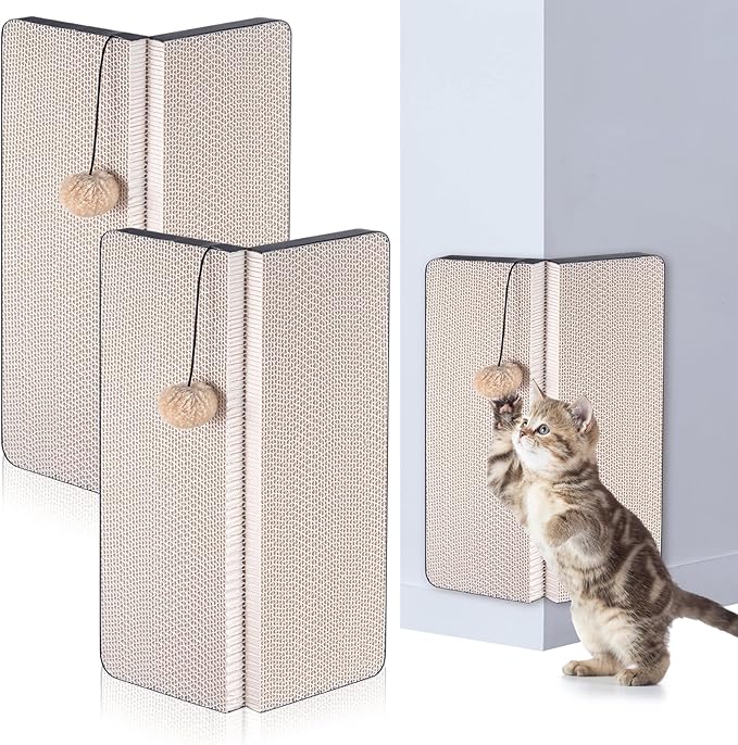 Aliceset 2 Pack 17.25 x 13 Inch Self Adhesive Wall Mounted Cat Wall Corner Scratcher Pad for Indoor Cat Kitten Scratcher Cardboard for Protector Furniture Couch Sofa with Ball Toy and Adhesive Tapes