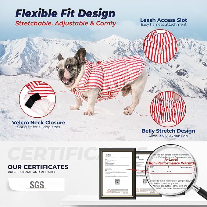 SPACE LION Dog Puffer Jacket, Down Winter Coat, Durable Outdoor Coat for Cold and Windy Conditions, Lightweight & Adjustable Fit Coats for Medium & Large Dogs, (RedStripe, Size 16 Gift Box)