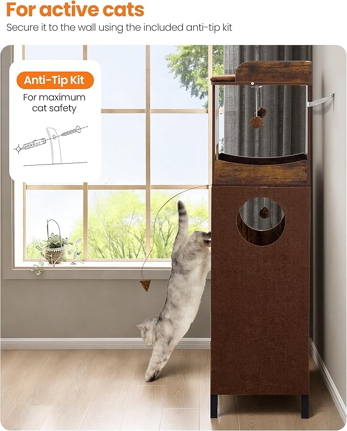 Modern Wood Cat Tree for Indoor Large Cats, 56 Inch Tall Cat Tower with Perch Bed, Multi-Level Trees with 2 Hammock, Cat Condo, Scratching Board, Removable Pads, Cat Furniture, Rustic Brown
