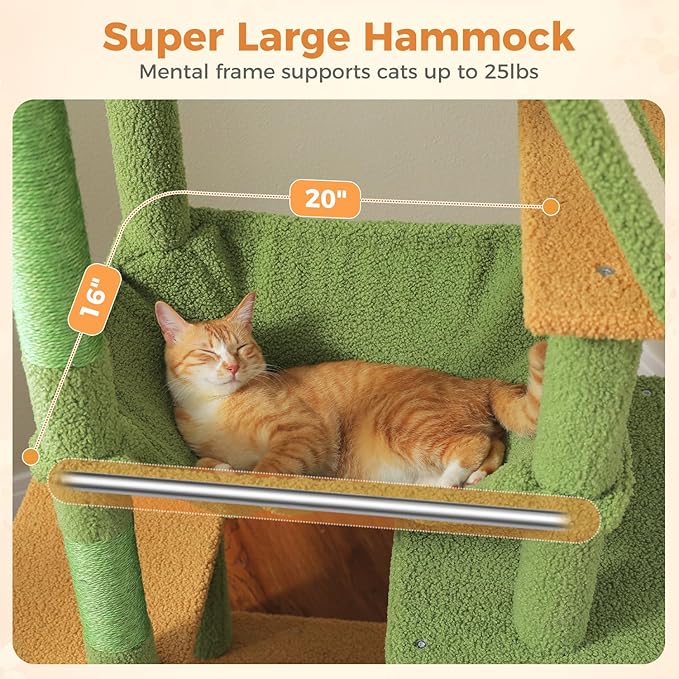 71” Cactus Cat Tree for Large Cats, Extra Stable Tall Cat Tower with Oversized Hammock, 2 Condos, Sisal Scratching Posts, Vertical Multi-Level Cat Tree for Indoor Multi-Cat Homes