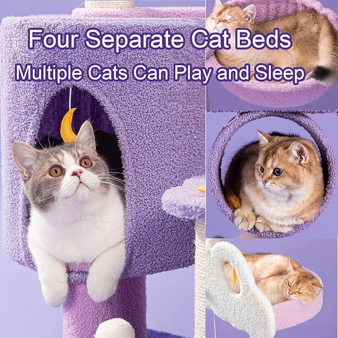 Multi-Level Cat Tower with Comfortable Plush Resting Platform, Purple Pink Cat Condos with Scratching Post and Pompom Ball Toy