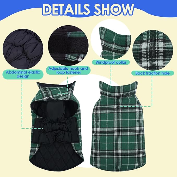 MIGOHI Reversible Dog Coats, Warm, Windproof & Waterproof Jackets for Cold Weather, British Plaid Warm Dog Vest, Green, 2XL