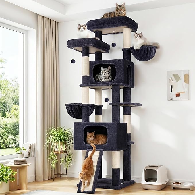 Globlazer 77" Cat Tree for 4+ Large Cats, Multi-Level Cat Tower with 2 Condos, Hammocks & Scratching Board, Stable Reinforced Base, Skin-Friendly Plush, S77E, Dark Grey