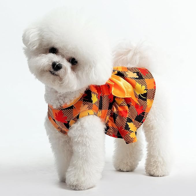 PUPTECK Plaid Dog Dress Pet Apparel for Autumn with Cute Bowtie Puppy Clothes Outfit, Maple Leaf, XS