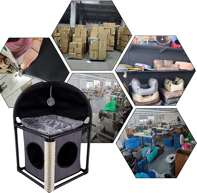 Goetland PVC Modern Cat Condo Cat House Cat Tree Small Cat Tower Bed Scratching Post Dangling Ball Hole for Kitty Indoors Cat Gray