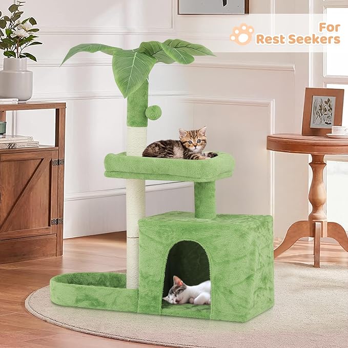 Cat Tree with Green Leaves Cat Tower with Scratching Posts, Cat House Condo Perch and Fluffy Ball Cat Trees for Indoor Cats 32 Inches, Lawn Green