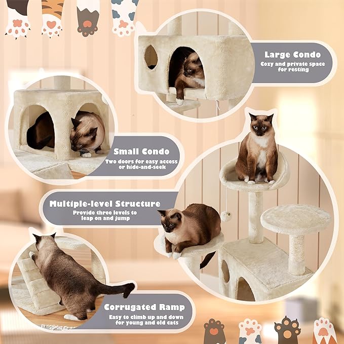 Yaheetech 54in Cat Tree, Multi-Level Cat Tower with Spacious Perch, 2 Cozy Caves, Scratching Posts, Climbing Ladder, 2 Plush Balls, Durable Pet House Furniture for Indoor Kittens, Beige