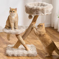 Natural Wood Cat Tree for Indoor Cats Large Adults, 33in Modern Cat Tree Tower with Super Soft Plush Cat Bed & Perch, Sisal Scratching Posts and Hanging Plush Ball, Soft Khaki