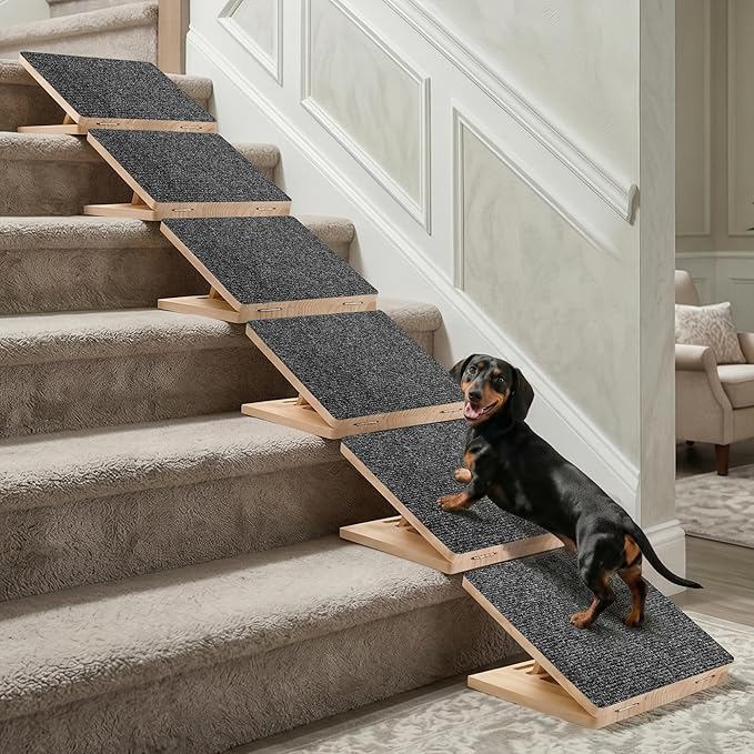 Dog Ramp for Stairs 6 Pack - Adjustable Wooden Stair Wedges for Small Dogs, Foldable Indoor Dog Stair Ramp with Triangular Support and Non-Slip Pads for Senior and Short-Legged Pets