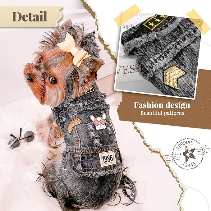 Cool Dog Jean Jacket Small Puppy Outfits Frenchie Clothes Denim Coats for Small Medium Dogs Cats Boys Girls Pet Vest Dog Shirt Clothing Doggy Costume (Black Print, XS（Suggest 2-4 lbs）)