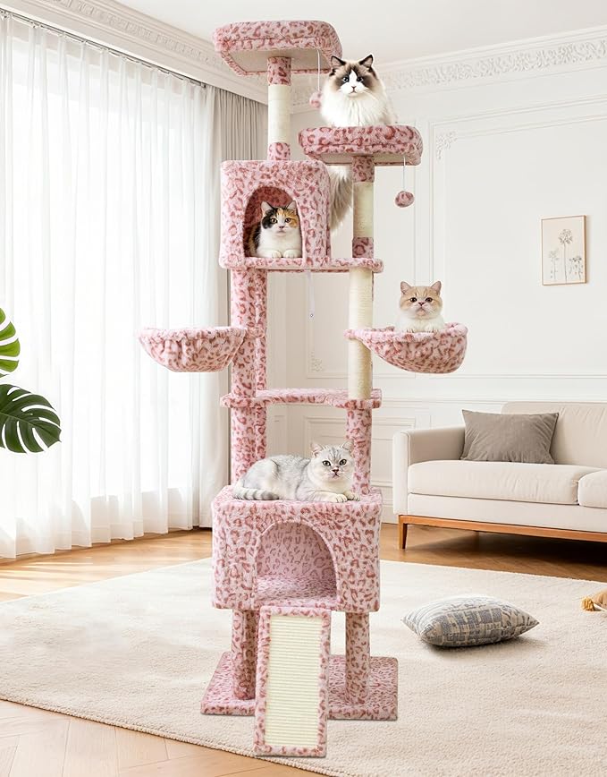 82" Tall Cat Tree,Giant Cat Tree for Indoor Cats Large Adult, Heavy Duty Cat Tree Tower, Extra Large Cat Trees with Scratching Posts, Cat Condos, Hammock,Top Perch,Ramp (Pink)