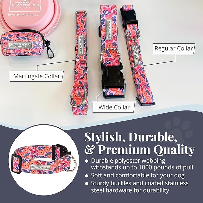 Lucky Love Dog Wide Dog Collar - Adjustable, Durable, Soft Webbing, & Comfortable 1.5 inch Wide Collar with Strong Buckle for Dogs Male and Female with Strong Buckle - Rosie, X-Large