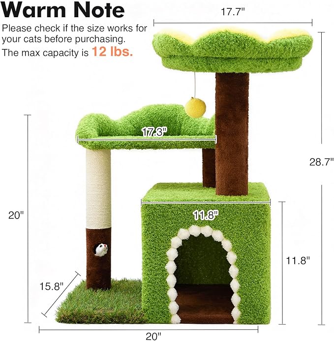 Flower Cat Tree with Cat Condo for Indoor Cats, 29" Cat Tower with Sisal Scratching Post and Top Perch, 3-in-1 Multi-Level Cat Tower for Small Cats and Kittens