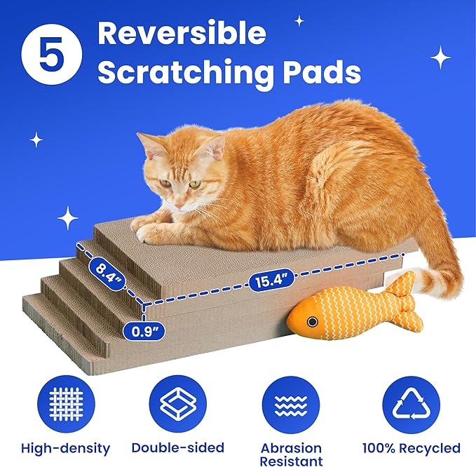 5-Pack Double-Sided Cat Scratchers with Box & Fish Toy - Reversible Cat Scratch Pad for Indoor Cats, Durable Corrugated Cardboard Cat Scratcher for Cats to Rest and Play, Furniture Protector