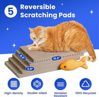 5-Pack Double-Sided Cat Scratchers with Box & Fish Toy - Reversible Cat Scratch Pad for Indoor Cats, Durable Corrugated Cardboard Cat Scratcher for Cats to Rest and Play, Furniture Protector