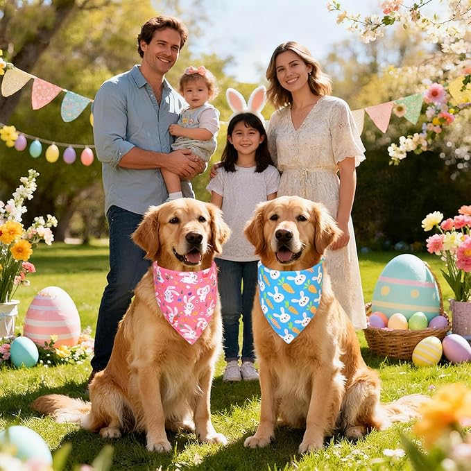Easter Dog Bandanas 2-Pack for Small to Medium Dogs - Reversible Bunny & Carrot Pastel Plaid Scarf, Pink & Blue Pet Accessories for Spring Gift