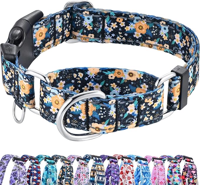 Reflective Martingale Dog Collar with Buckle Soft Nylon Floral No Slip Dog Collars for Small Dogs (Black Orange Flowers, S)
