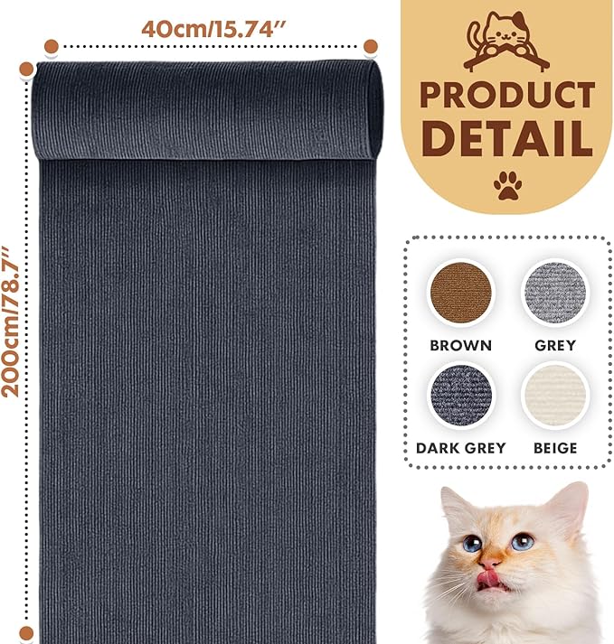 PowerKing Cat Scratch Furniture Protector, 78.7"x15.8" Self-Adhesive Cat Scratch Mat for Couch & Sofa, Trimmable DIY Cat Scratcher Pads for Indoor Cats (Dark Grey)