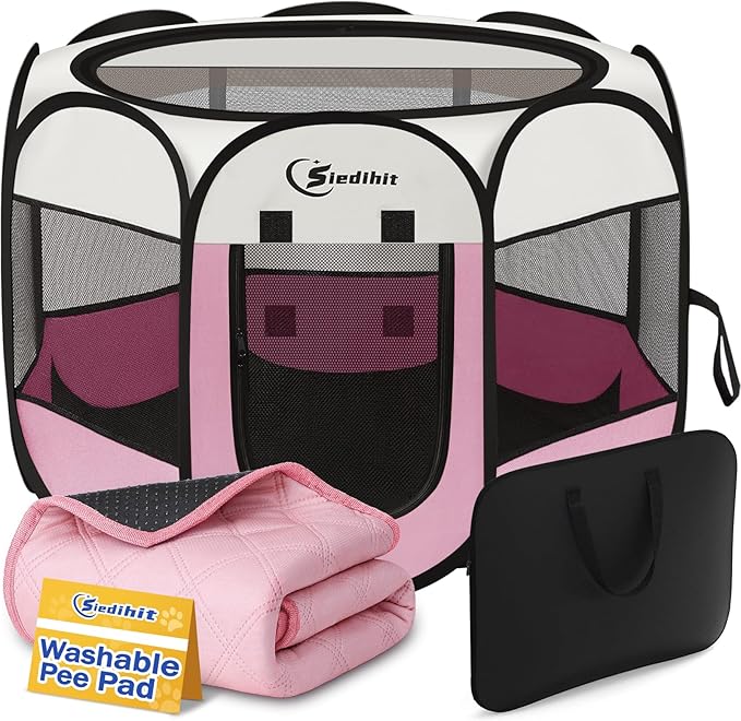 Dog Cat Playpen, Puppy Pet Playpen Indoor for Small Dog Crate Tent Cage Outdoor, Portable Pop Up Dogs Enclosure Kennel with Carrying Case for Dogs/Cats/Rabbits(Pink, Small with pad)