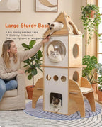 Modern Cat Tree Rocket Shape,54" Wood Cat Tower Multilevel for Indoor Cats, Cat Furniture with 3 Condos, Dangling Balls, Attic Perch