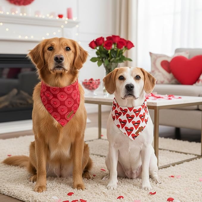 ADOGGYGO Valentines Dog Bandana 2 Pack, Heart Sunburst Eyelash Print Pet Scarf, Durable Fabric, Red Pink Valentine Bandanas for Medium Large Dogs (Large)