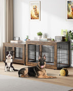 Dog Crate Furniture with Cushion, Wooden Dog Kennel Indoor with Double Doors, Dog Cage with Wheels, Dog House Side End Table for Large Dogs up to 85 lb, 44" L, Rustic Brown
