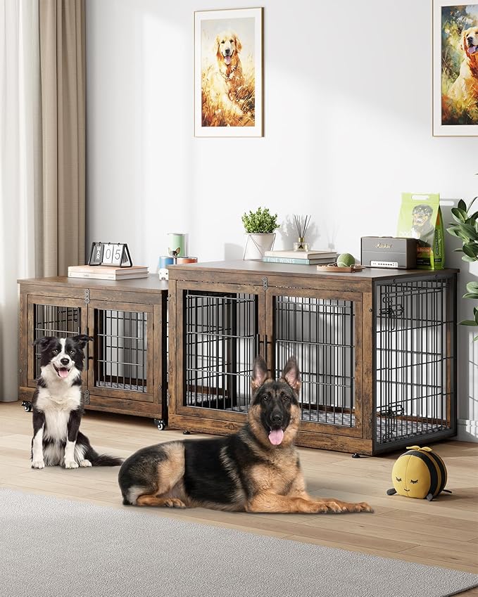 Dog Crate Furniture with Cushion, Wooden Dog Kennel Indoor with Double Doors, Dog Cage with Wheels, Dog House Side End Table for Large Dogs up to 85 lb, 44" L, Rustic Brown