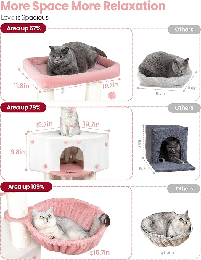 Heavy Duty Cat Tree for Large Cats Adult - 60 Inch XXL Sturdy Cat Tower Condo with Extra Wide Scratching Posts (φ4.4in) Big Cat House Hammock Perch - Indoor Wood Modern Multi Level Corner Cat Bed
