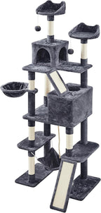 Topeakmart Cat Tree, 82.5in Climbing Tower with 2 Kitten-Ear-Style Top Perches, Hammock, Basket, Scratching Posts, Multilevel Pet Furniture Activity Center for Indoor Felines, Dark Gray