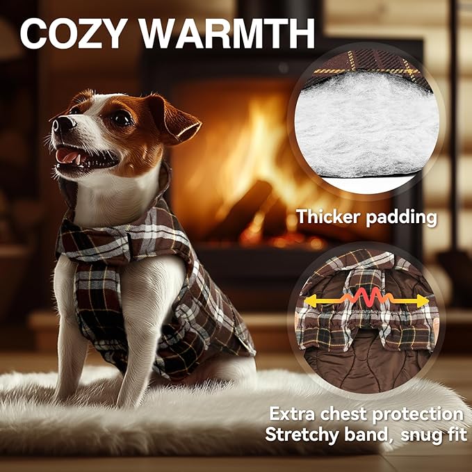 VIVAGLORY Softjoy Dog Coat, Dog Jacket for Winter & Christmas, Coat with Harness Hole, Reversible Plaid Checkered Warm Fluffy Heavy Duty for Puppy, L, Coffee