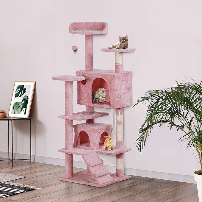 ZENY 54 Inch Cat Tree, Multi-Level Cat Condo with Scratching Post + 2 Play Houses, Pet Furniture in Pink