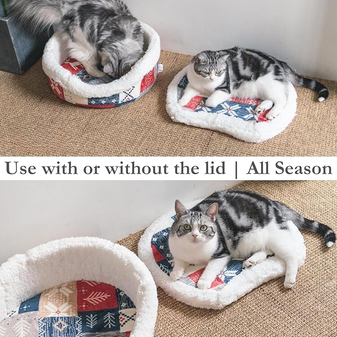 Cat Cave Bed – Plush, Warm & Calming Hideaway with Detachable Lid & Mat, Covered House for Indoor Kitten & Kitty (Snow)