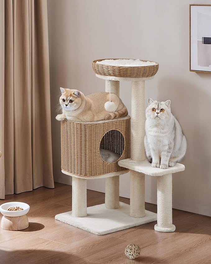 Yaheetech 36in PE Rattan Cat Tree with Big Perch, Breathable Woven Condo, Extra Long Sisal Scratching Post, Washable Cushion, Natural Cooling Design for Indoor Large Kittens, Beige