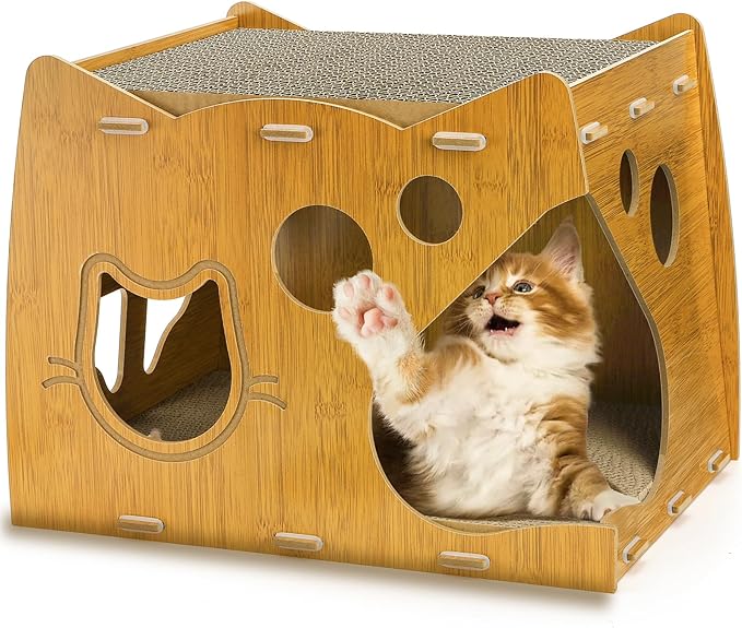 Cat Scratcher House, 2 in 1 Cat Cardboard House with 2 Scratching Pads, Sturdy Cat House Lounge for Indoor Cats to Rest and Hide, Maximum Load Capacity 66 Lbs